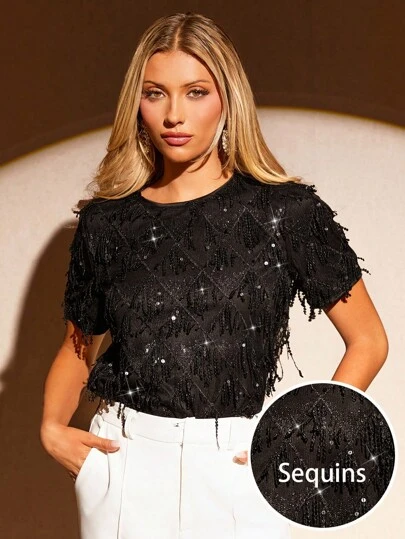 Amorya Women's Simple Casual Sequin Decorated Round Neck Short Sleeve Blouse Ladies Tops T-Shirts Elegant Blouses For Ladies