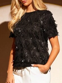 Amorya Blusa casual semplice da donna con collo rotondo e maniche corte decorata con paillettes