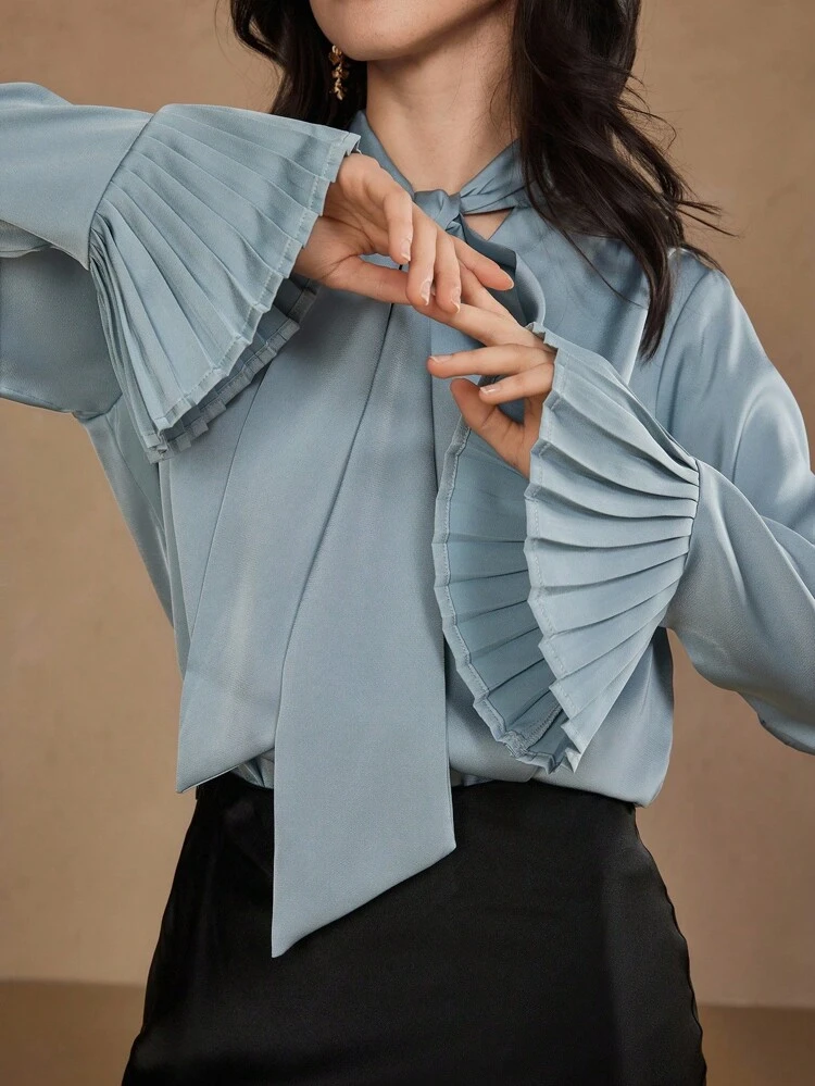 Women's Casual Solid Color Ribbon Collar Shirt, Autumn,Fall Women Clothes Long Sleeve Top