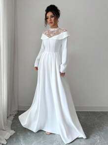 Elenzga Váy cưới dáng chữ A dài tay cổ cao ren tương phản lãng mạn thanh lịch dành cho khách dự tiệc cưới - trắng - Xem 4