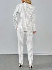Chiquease 女士条纹印花开襟修身长袖西装外套，配腰带和直筒裤，全白大学秋季女装套装