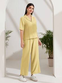 Lacomfia 翻领纽扣前开襟上衣和阔腿裤两件套 - 淡黃色 - 查看 3