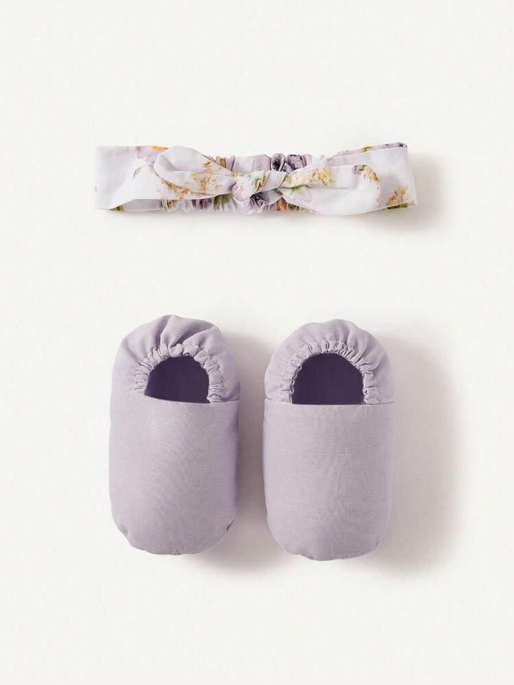 Cozy Pixies 2pcs/Set Baby Purple Bow Headband And Floral Socks Booties Set (1 Pair Booties + 1 Headband), Suitable For Newborns, Can Be Used As Gift Set - Multicolor - View 10