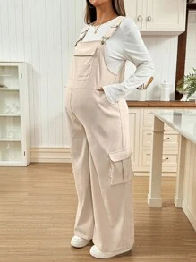 SHEIN 孕妇纯色口袋休闲百搭无袖连体裤 - 杏色 - 查看 3