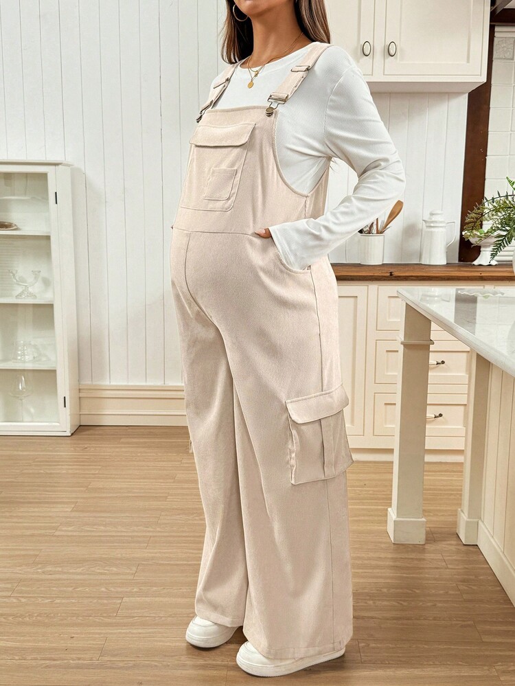 SHEIN 孕妇纯色口袋休闲百搭无袖连体裤 - 杏色 - 查看 3