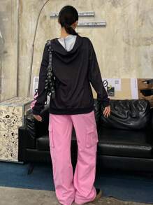 SHEIN Explorewe Streecool 儿童和青少年两件套：宽松连帽衫，带图案印花和工装裤，适合春秋季休闲装，适合上学和日常穿着 - 玫紅色 - 查看 2