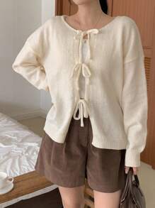 DAZY 女士圆领系带装饰宽松休闲长袖开衫，秋季女装 - 米色 - 查看 7