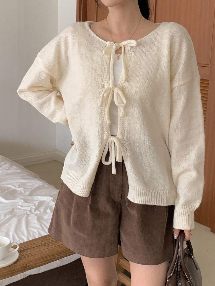 Women's Round Neck Tie Decor Loose Casual Long Sleeve Cardigan,Fall Women Clothes