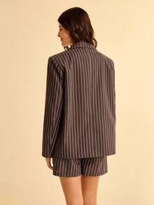 CAJUNI 女式休闲米色条纹衬衫夹克 - 咖啡棕 - 查看 4