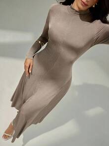 Modelyn Vestido feminino de manga comprida, elegante, justo, cor sólida, para escritório