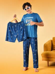 Notgurli 3pcs Men's Letter Print Short Sleeve Round Neck Top And All-Over Print Bottom Homewear Set - Royal Blue - View 1