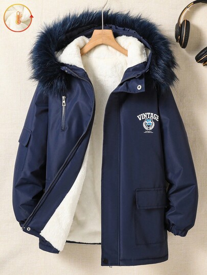 1pc Tween Boy Navy Blue Thermal Lined Cotton Jacket, Fashion Back-To-School, Hooded With Printed Front, Loose Fit, Suitable For Autumn/Winter, Outdoor, Travel, School And Various Occasions Fall