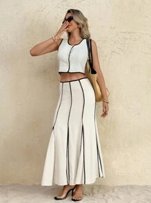 SHEIN Frenchy 女士优雅撞色滚边鱼尾下摆半身裙，秋季女士，返校，乡村音乐会，商务休闲女士，女士教师，女士约会之夜，女士生日，女士早午餐，西方女装，商务休闲女士 - 杏色 - 查看 5