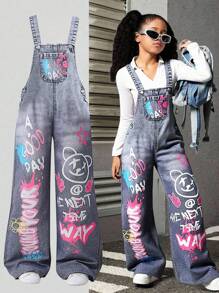 Sparklyn 复古美式拼布印花休闲运动街头涂鸦印花牛仔宽松直筒宽松背带裤