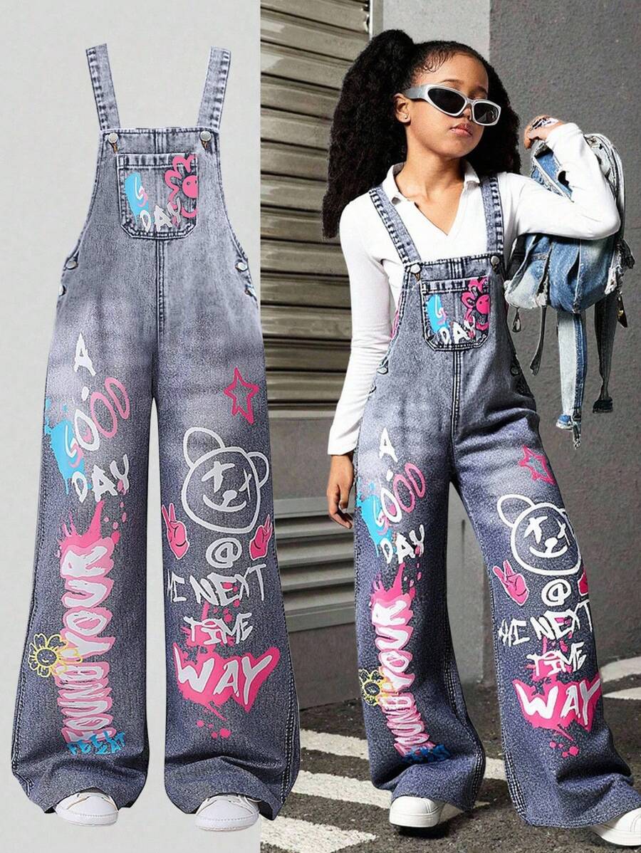 Sparklyn 复古美式拼布印花休闲运动街头涂鸦印花牛仔宽松直筒宽松背带裤