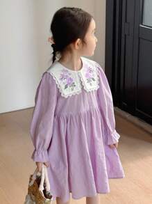 SHEIN Young Girl Floral Print Lapel Long Sleeve Dress, Casual, Korean Style, Cute, Suitable For Spring, Summer, Autumn, Winter Girls Autumn Dress Back To School  Embroidered Dress Kids Little Girls Purple Dress Girls Shirt Dress French Elegant  Girls Fall Dress Girls Long Sleeve Dress