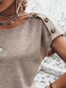 SHEIN LUNE Button Detail Batwing Sleeve Tee - Khaki - View 4