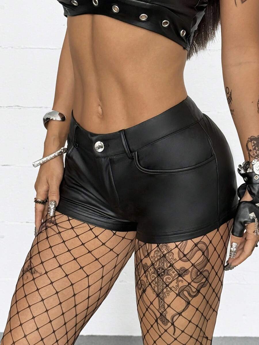 Coolane Women's Summer Streetwear Concert Music Festival Y2K  Basic Daily Wear Casual Leather Stretchy Bustier Black Low Rise Shorts - Black - View 1