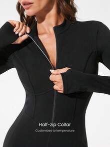 GLOWMODE 24 英寸 FeatherFit™-Air Glow Giver 柔软透气吸汗前拉链罗纹侧板轮廓接缝拇指孔深 V 形后背接缝可拆卸罩杯长袖连体衣低冲击日常运动服 - 黑色 - 查看 5