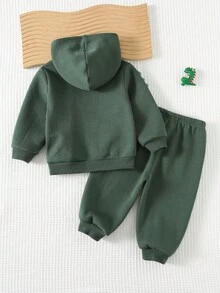 Cozy Pixies 2pcs Baby Boy Cartoon Dinosaur Print Hooded Long Sleeve Sweatshirt And Elastic Waist Jogger Pants Set Fall Winter