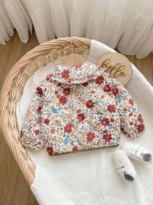 SHEIN Chaqueta casual con forro térmico y estampado floral para bebé niña, adecuada para otoño/invierno - Rosa - Ver 2