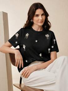 Anewsta Camiseta holgada casual con flores hechas a mano con cuentas para mujer