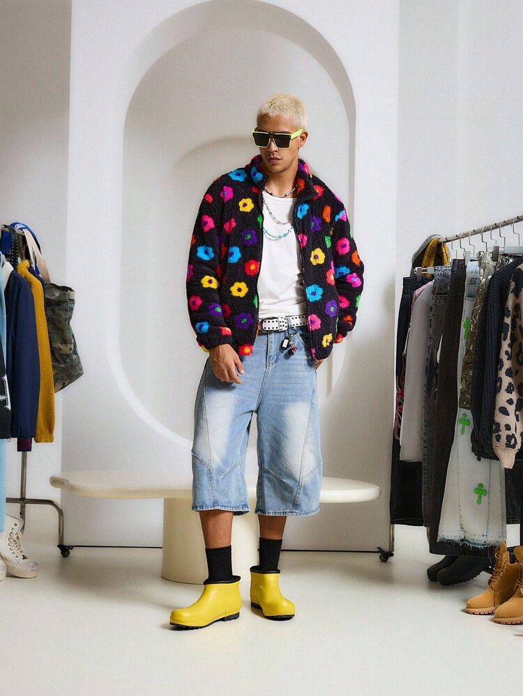 STEELVANCE 男士休闲花卉印花夹克，秋冬，2000 年代风格，秋季 - 黑色 - 查看 6