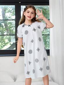 Tween Girls Short Sleeve Dress "Snow Flower Shadow" Princess Sleeve Embroidered Dress Girls Nightgown - Black and White - View 1