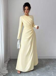 SHEIN Elenzya 女士优雅正式办公室通勤休闲度假派对复古教师秋季中东风格纯色圆领腰部褶皱 A 字长袖超长连衣裙，浅黄色 - Butter Yellow - 查看 5