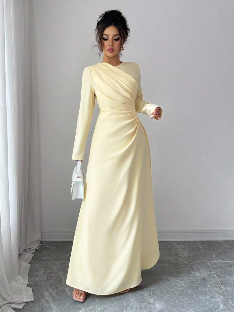 Elenzga فستان ماكسي أنيق للنساء بأكمام طويلة وياقة مستديرة وخصر منتفخ وطيات، لارتداء في المناسبات الرسمية والعمل والعطلات والحفلات والأسلوب الكلاسيكي، باللون الأصفر الفاتح - Butter Yellow - مشاهدة 5
