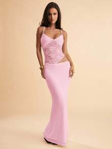 SHEIN BAE 夏季海滩度假纯黑色蕾丝性感透视吊带长裙，适合日常约会、夜间外出、夜总会、派对、聚会、鸡尾酒会、泳池派对、返校季服装、学校季连衣裙、节日连衣裙女士连衣裙 - 淺粉色 - 查看 3