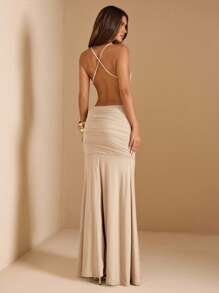 SHEIN BAE Women's Solid Green Spaghetti Strap Ruched Waist Open Back Dress, Suitable For Party, Vacation, Banquet, Wedding, Night Out, Romantic Date, Summer,Fall Wedding Guest Dress - Apricot - View 2