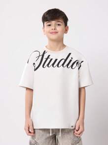 SUMWON Áo thun in chữ Oversized Studios dáng rộng trễ vai thời trang tuổi teen xuân hè thu thường ngày cuối tuần phong cách đường phố đô thị - Màu Khaki - Xem 1