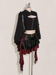 SHEIN ICON 大码翻盖口袋拉链超短款夹克（不含吊带背心） - 黑色 - 查看 8