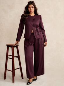 Elaquor Plus Size Women's Solid Color Long Sleeve Suit Set In Fall/Winter - Burgundy - View 3