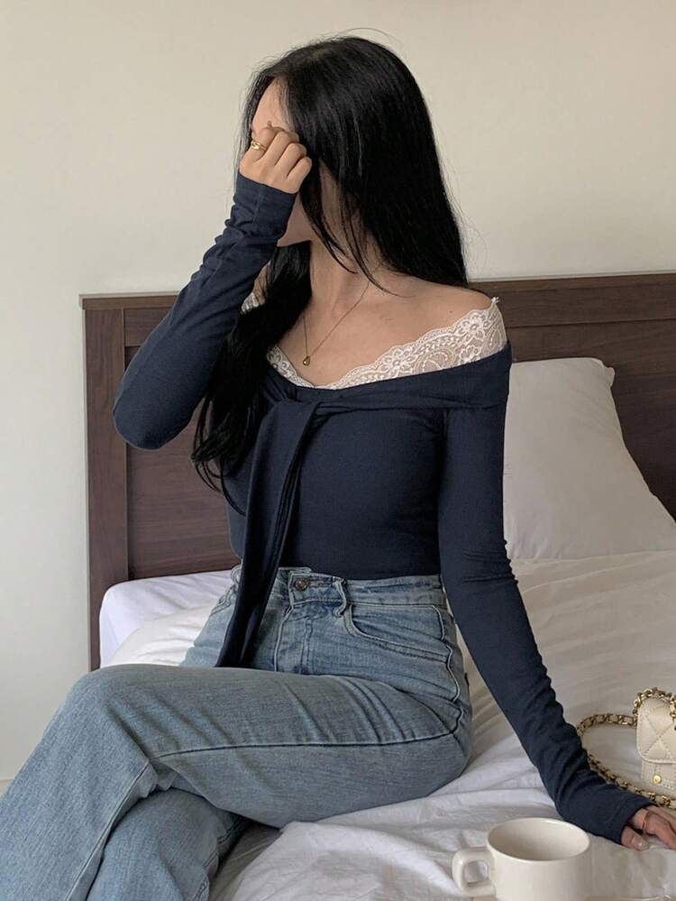 Women's Lace Patchwork Off-Shoulder Tie Design Long Sleeve Slim Fit Casual T-Shirt