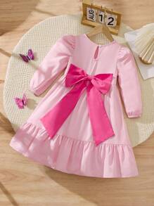 Elladie kids Vestido elegante para niña con cuello redondo, mangas farol, decoración de lazo exagerado y pliegues en contraste de color - Rosa - Ver 3