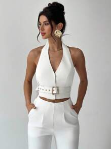 Firerie 女士新款杏色V领露背吊带衫，配腰带，优雅/通勤/休闲/度假/派对/约会/性感 - 白色 - 查看 1