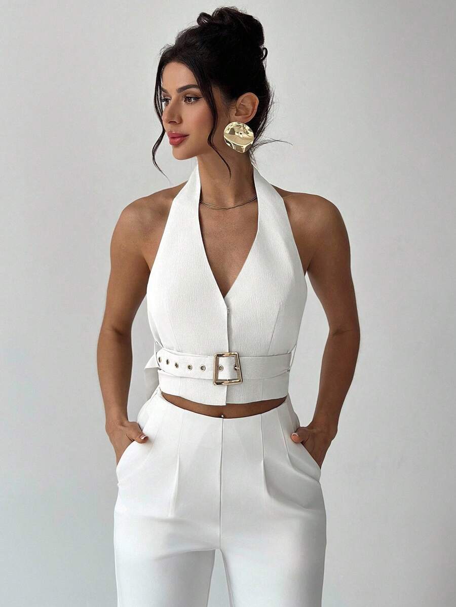 Firerie 女士新款杏色V领露背吊带衫，配腰带，优雅/通勤/休闲/度假/派对/约会/性感 - 白色 - 查看 1