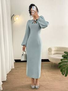 Modelyn Women's Lantern Sleeve Fashion Bow Decor Fitted Split Hem  Fall Clothes For Women  Wedding Guest Dress Elegant - Mint Green - View 6