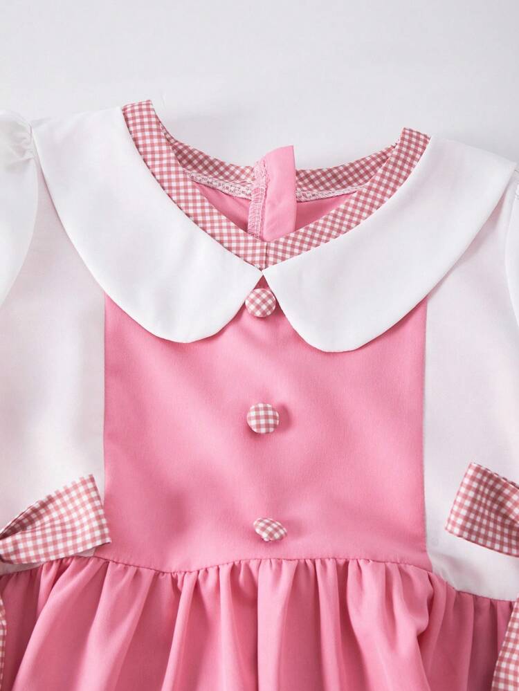 女童格子拼布连衣裙，纽扣装饰，蝴蝶结点缀，后背隐形拉链，时尚百搭，适合上学、外出、街头穿着，可搭配夹克 - 西瓜粉 - 查看 6