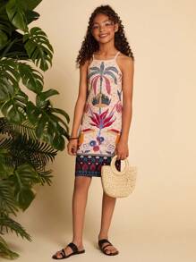 SHEIN Tween Girl Ditsy Floral Knit Cami Dress - Apricot - View 3