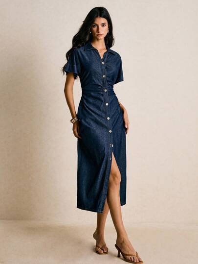 Poéselle New Arrival Women's Denim Dress Short Sleeves Front Placket Waist Tight Long Dress Dark Blue Dress Fall Dresses For Women Back To School Halloween Clothes Women Teacher Dress Wedding Guest Dress Women Business Casual Outfits Women Date Night Outfits Women Button Front Dress Midi Denim Dress Casual Denim Dress Denim Shirt Dress Jean Dress Women Jean Dress Denim Midi Dress Casual Midi Dress