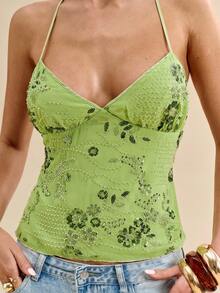 SHEIN BAE 1件女士纯色纹理提花吊带上衣，吊带飘逸上衣，提花上衣，春夏款 - 橄欖綠 - 查看 6