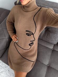 SHEIN Tall Vestido de malha justo com gola alta e manga comprida com estampa de rosto feminino - Castanho Café - Ver 6
