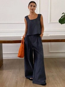 DAZY 2pcs Korean Style Vest & Wide Leg Pants Set, Elegant Lounge Sets For Women Short Sets For Women - Navy Blue - View 6