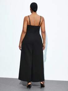 Maija Plus Size Black Sleeveless Pleated Front Wide Leg Jumpsuit,Summer Elegant Formal Evening Casual Solid Color Business Modest Vintage Teacher Outfits - Black - View 4