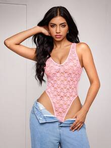 Bộ đồ liền thân hở lưng cổ chữ V thêu ren hoa lãng mạn, đi chơi - Hồng - Xem 1