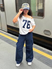 SHEIN Explorewe Streecool Tween Girl 女童休闲运动时尚数字印花不对称领口短袖上衣和宽松工装裤，带口袋，夏季