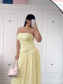 SHEIN EZwear 大码女式休闲黄色抹胸连衣裙 - 杏色 - 查看 3